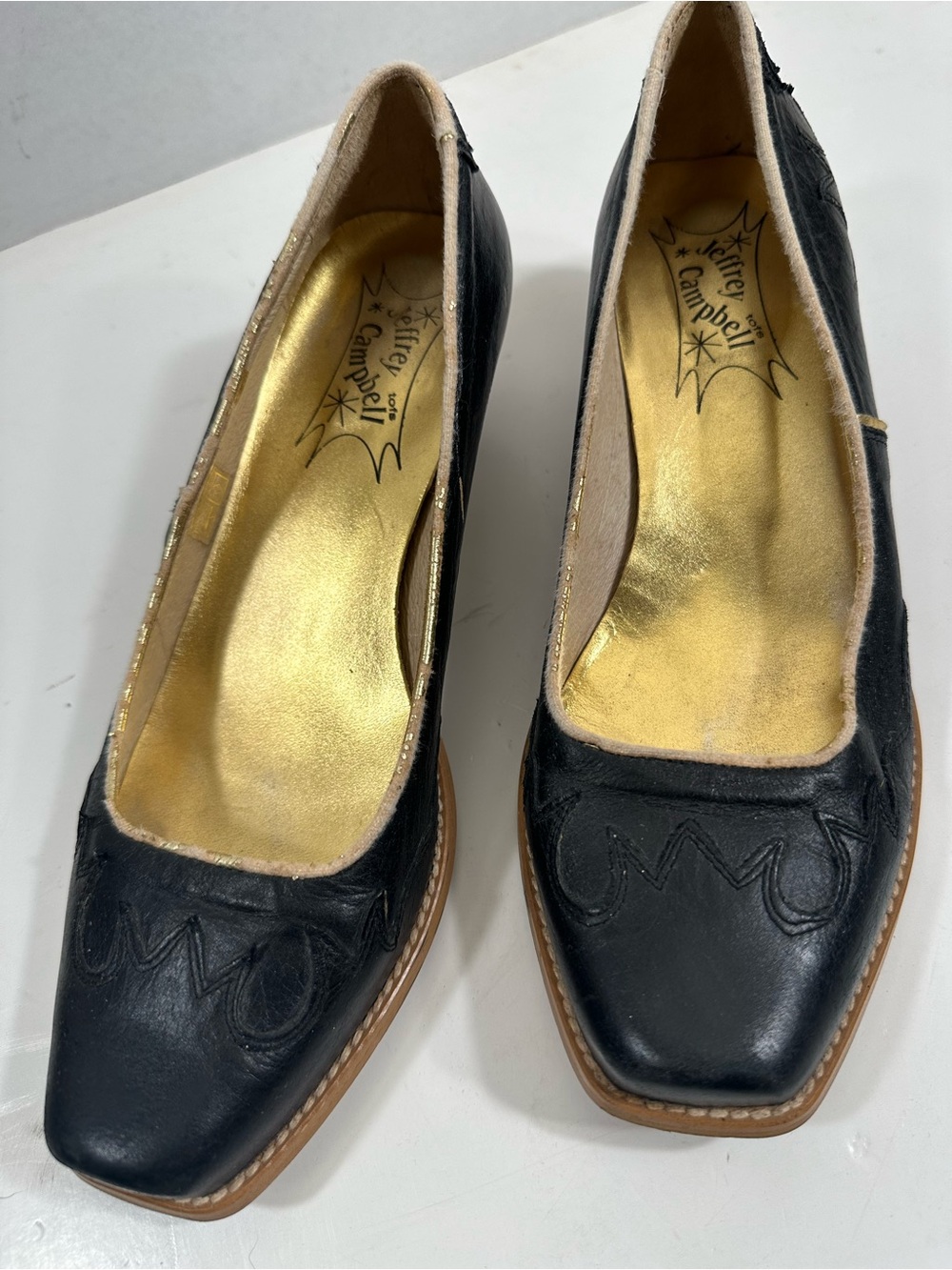 Jeffrey Campbell Black Leather Square-Toe Heels with Gold Insole